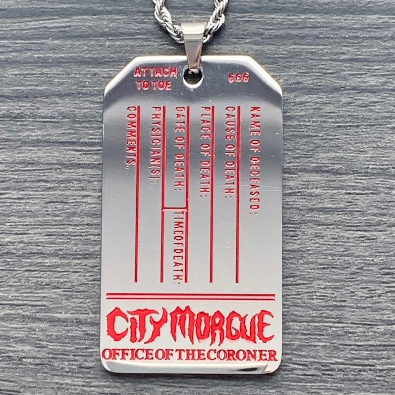 Red 'CITY MORGUE' Toe Tag Necklace