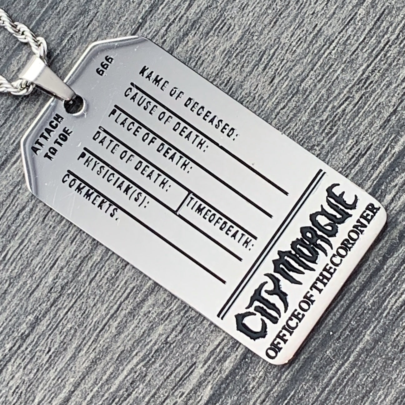 Black 'CITY MORGUE' Toe Tag Necklace