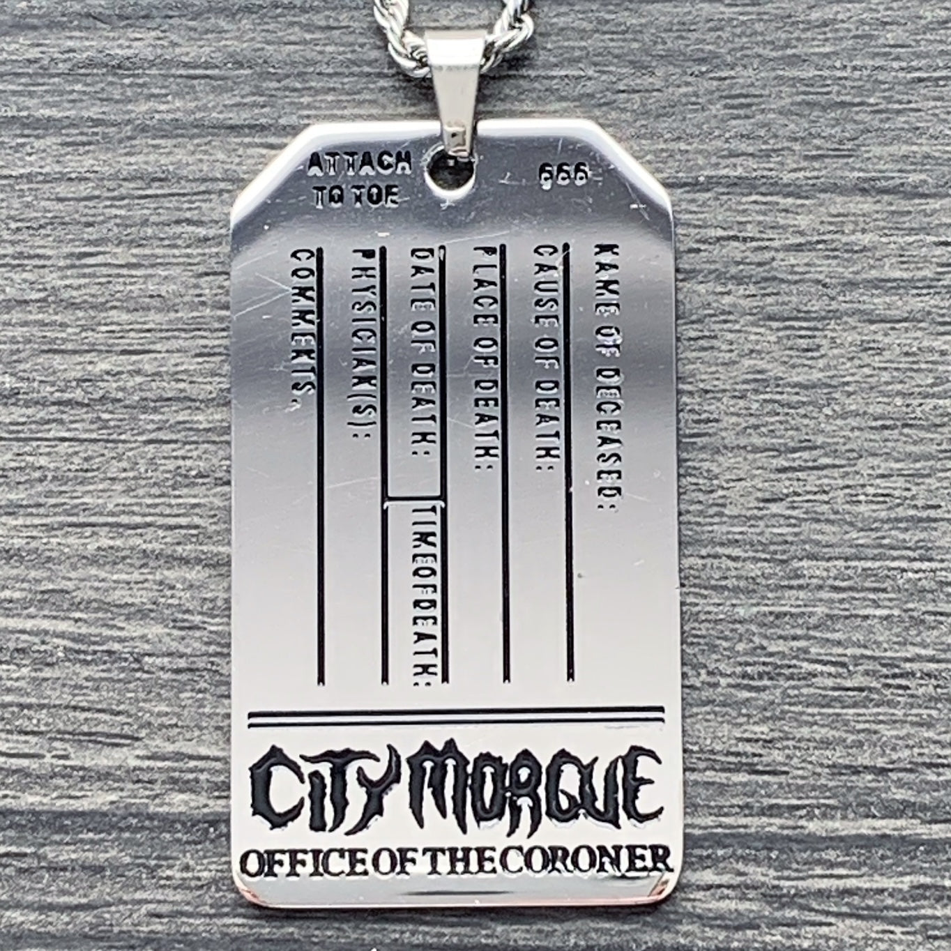 Black 'CITY MORGUE' Toe Tag Necklace