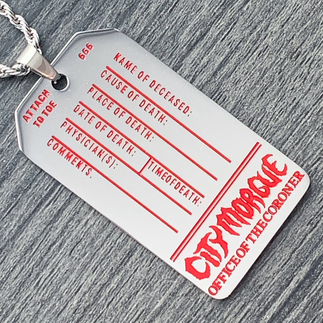 Red 'CITY MORGUE' Toe Tag Necklace