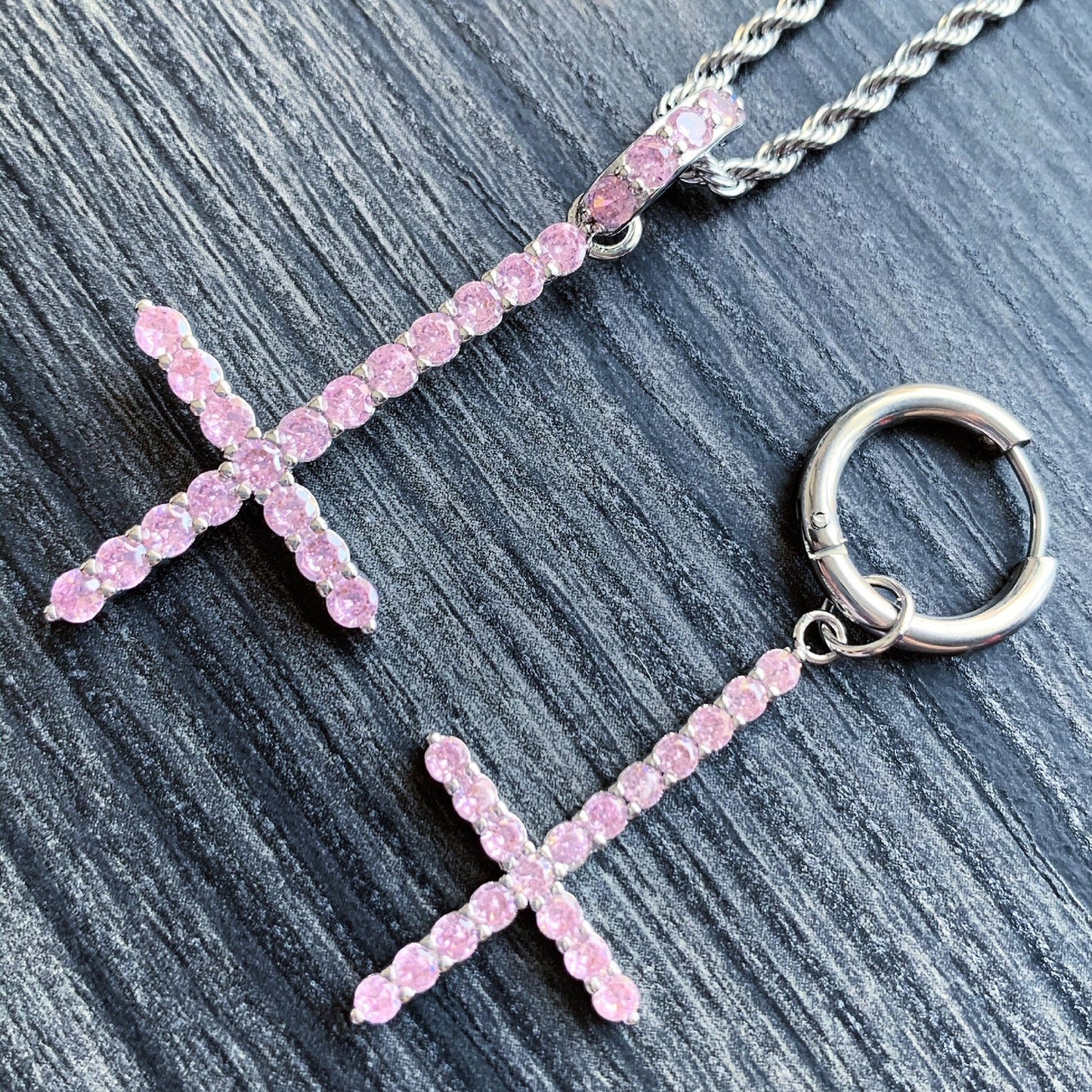 Pink 'Cross' Necklace & Earring Combo