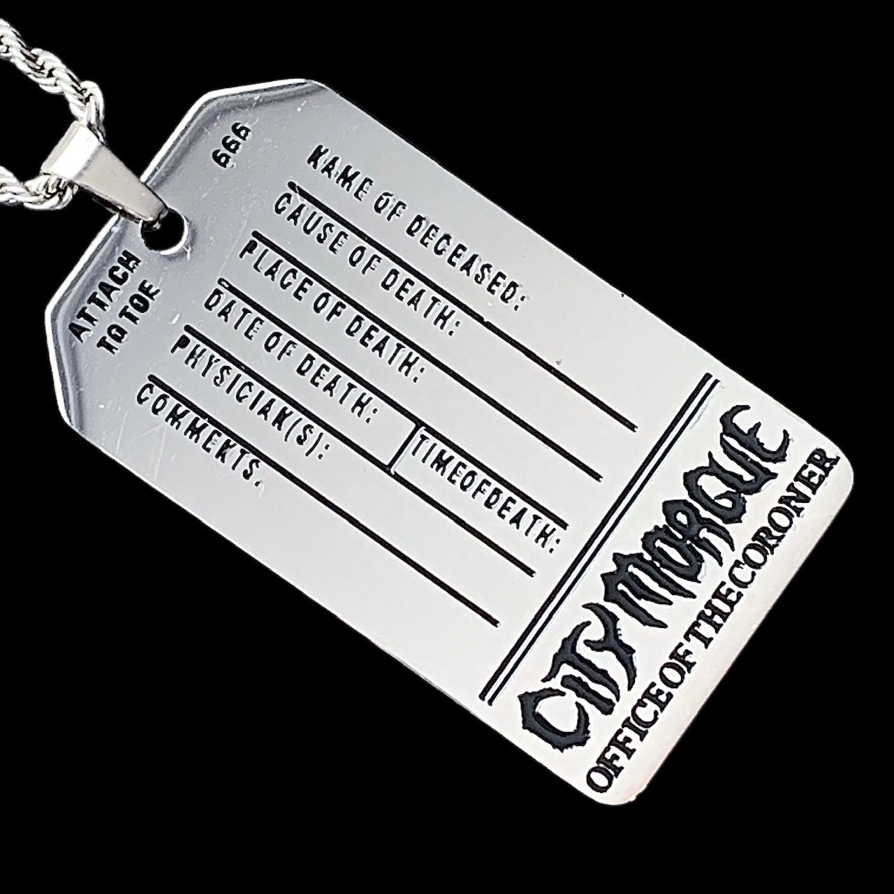 Black 'CITY MORGUE' Toe Tag Necklace