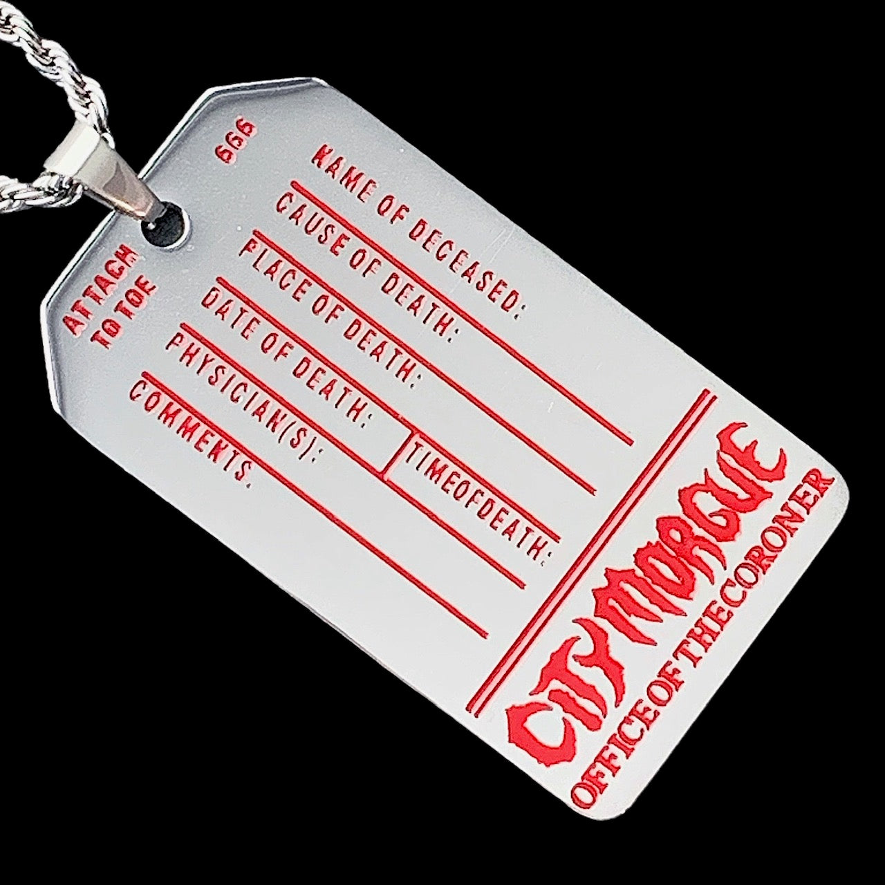 Red 'CITY MORGUE' Toe Tag Necklace