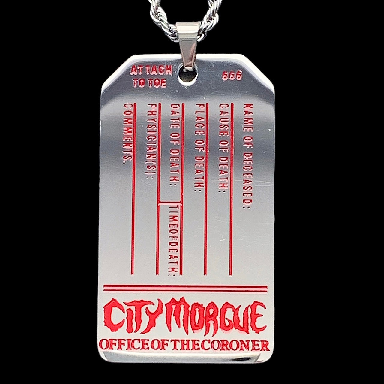Red 'CITY MORGUE' Toe Tag Necklace